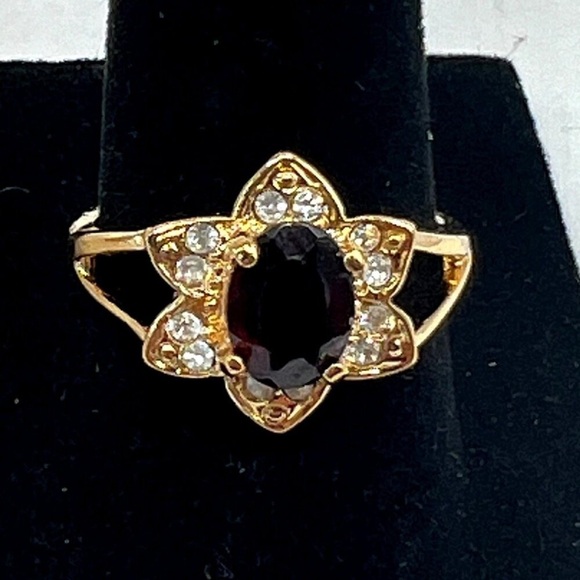 Gold Plated Ring & Bracelet Set With Garnet & Rhinestones.  A22 - Picture 2 of 10